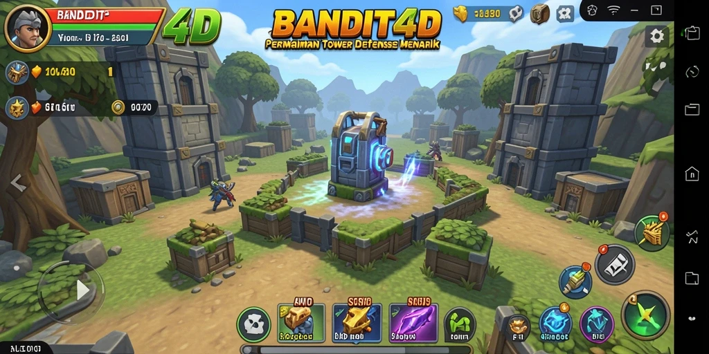 Screenshot utama BANDIT4D menampilkan pertempuran menarik dalam gaya Tower Defense.