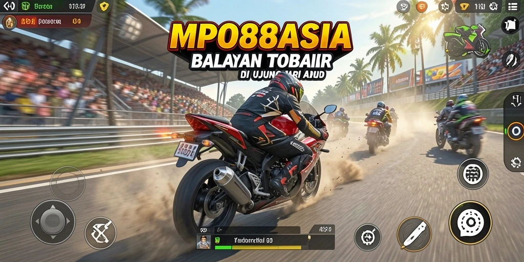 Tangkapan layar dari gameplay <strong>MPO88ASIA</strong> menunjukkan balapan motor yang mendebarkan.