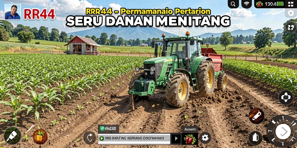 Screenshot gameplay menunjukkan ladang hijau dengan tanaman subur.