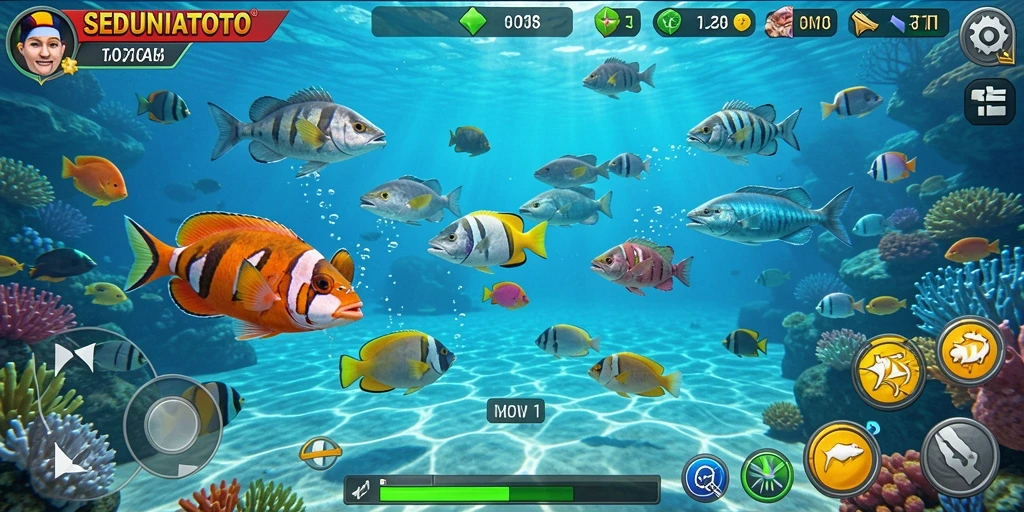 Tangkapan layar gameplay SEDUNIATOTO dengan ikan berwarna-warni yang menarik.