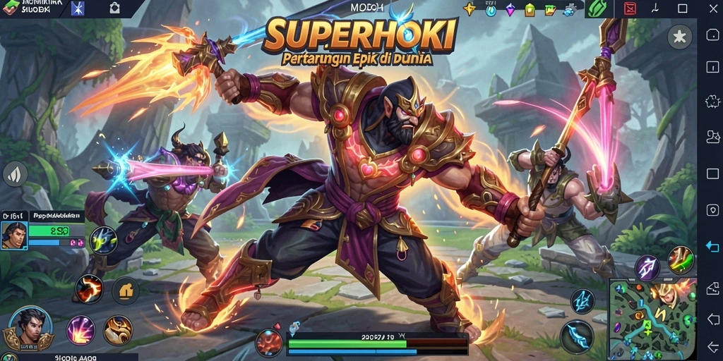 Tampilan gameplay <strong>SUPERHOKI</strong> dengan karakter yang dinamis dan pertempuran seru.